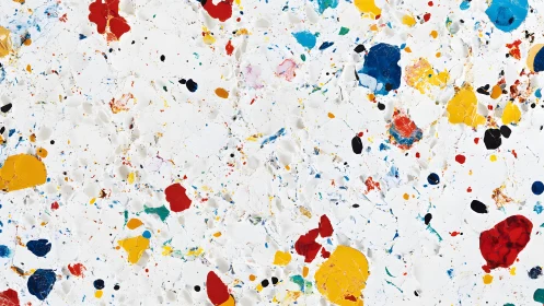 Abstract splatter painting with colorful paint on textured white background.