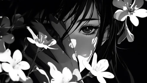 Quiet monochrome gaze framed by soft drifting blossoms.