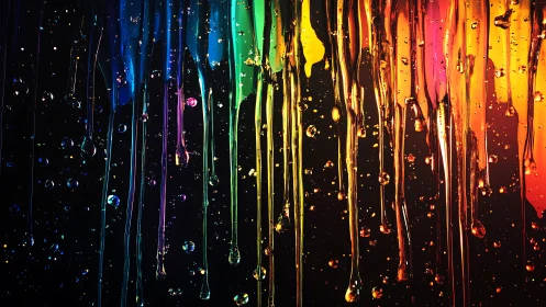 Dripping vertical rainbow paint streaks over dark background