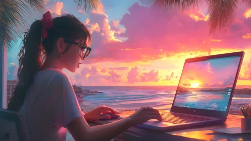 Sunlit remote work scene with neon-infused tropical sunset.