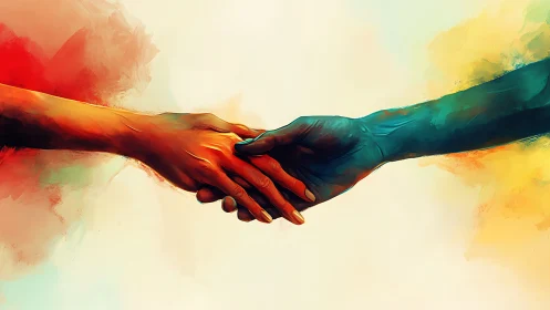 Dual-Hand Clasp With Chromatic Gradient Overlay and Watercolor Dissolution Effect