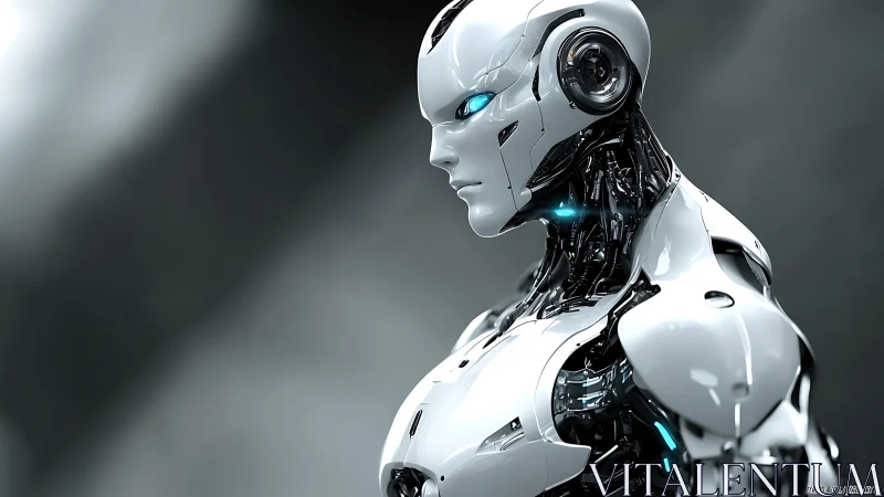 Chrome sentinel studies silence, lit by electric cyan veins