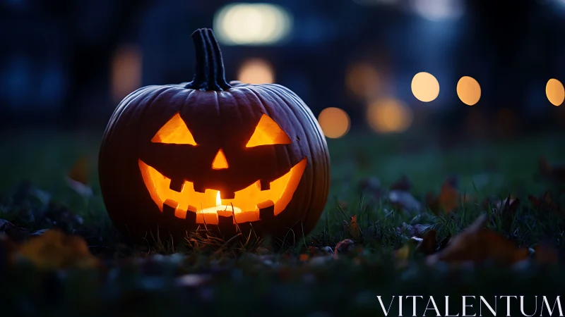 Carved jack o lantern on grass at dusk with blurred lights.