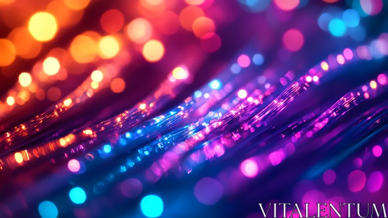 Neon fiber-optic strands curve through iridescent bokeh field