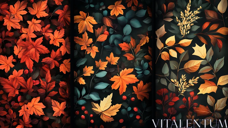 Autumn foliage panels with dark background and bold colors.