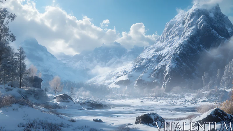 Snow covered mountain valley under clear daytime sky.