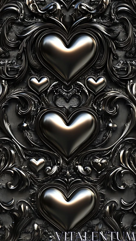 Ornate Black Hearts in Sculptural Relief Pattern.