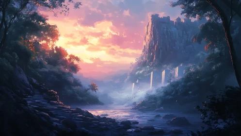 Sunlit cliffside fortress overlooks misty river valley at dusk