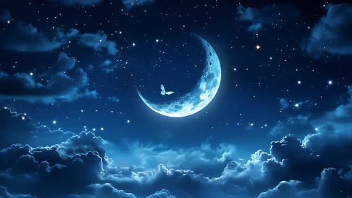Crescent moon and butterfly rendered in luminous nocturnal sky