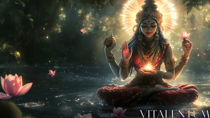 Divine goddess figure meditating on water with glowing lotus.