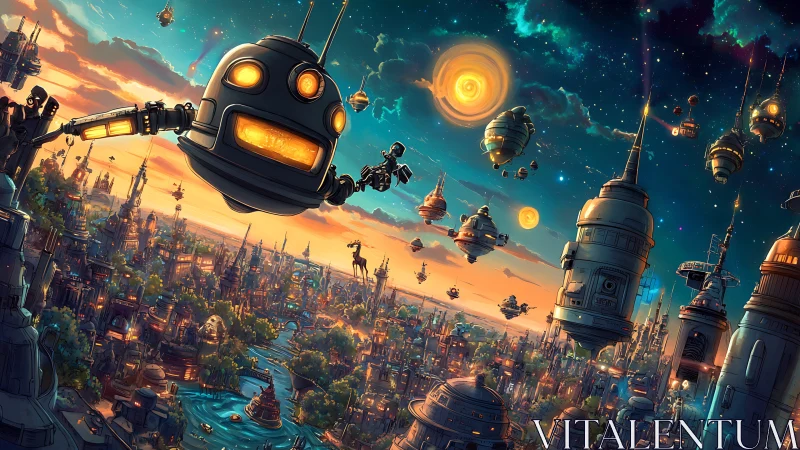 Giant robot surveys glowing floating city at sunset sky.