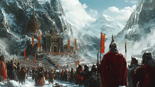 Militarized alpine citadel approached by massed bannered hosts.