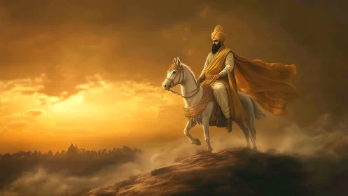 Rider on white horse advances across ridge at sunset