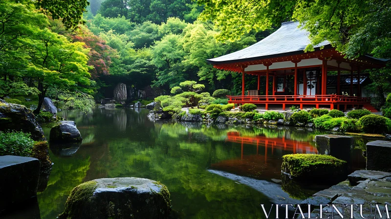 Refined Japanese garden pavilion mirrored in still pond.