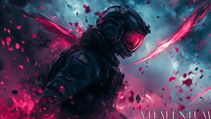 Lone space soldier strides through swirling neon storm shards