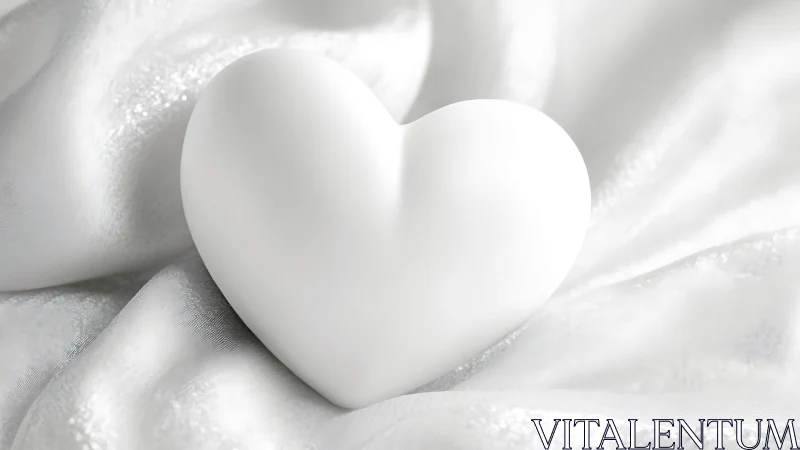 Sculptural white heart form on luminous silk textile surface with specular highlights