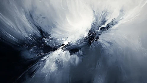 Abstract swirling black and white energy in digital painting style.