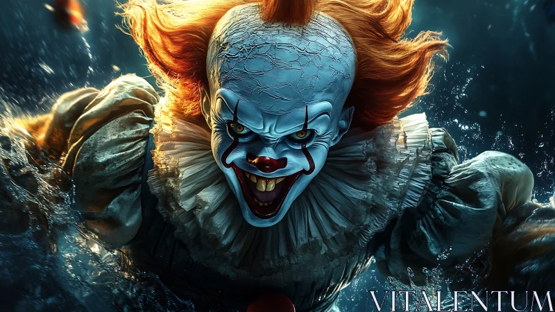 Menacing waterbound clown surges from the dark depths.