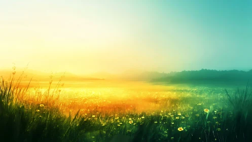 Golden sunrise gently warms a peaceful wildflower meadow