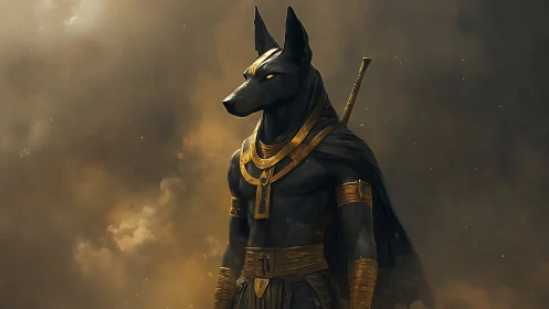 Jackal-headed sentinel strides from swirling desert dusk