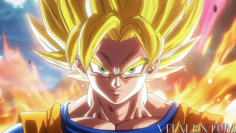 Fierce anime warrior stands amid blazing, electric energy aura