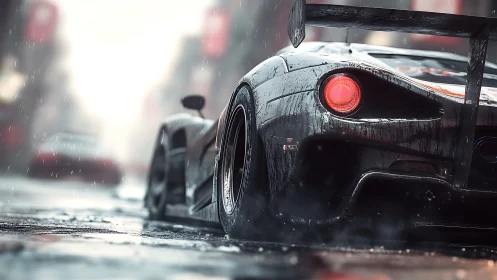 Race car rear in wet city street with rain falling