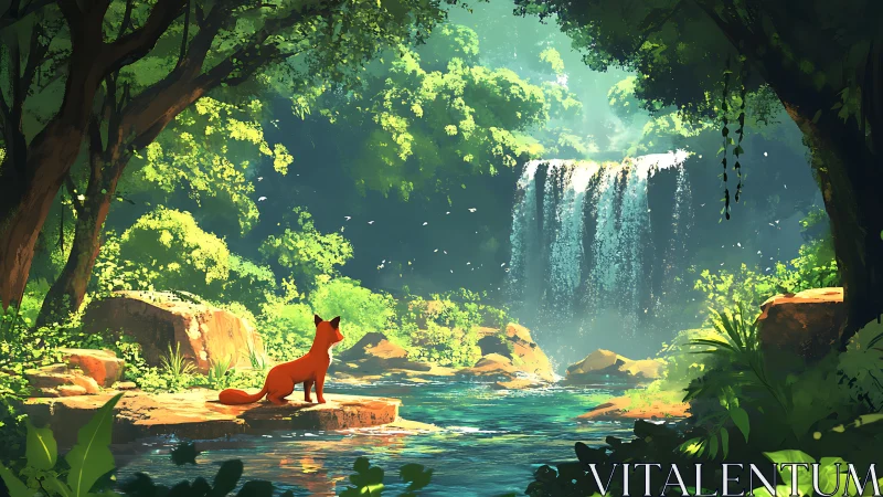 Scarlet fox observing luminous jungle waterfall panorama.