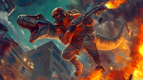 Fearless rider and roaring dinosaur charge through flames.