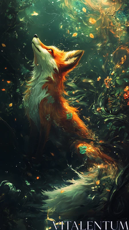 Enchanted fox gazes toward glowing forest light in wonder