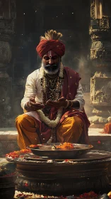 Elderly priest seated in ritual setting with flower offerings.