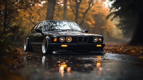 Lowered black BMW coupe parked on wet autumn forest road.