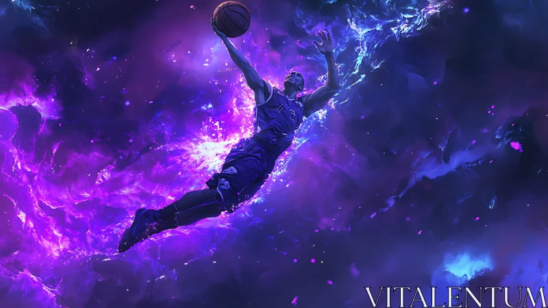 Basketball player soars through glowing purple space scene.