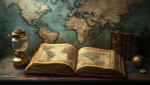 Ancient world atlas rests open before a vintage map wall