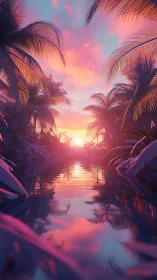Dreamy tropical river glowing under a soft pastel sunset.