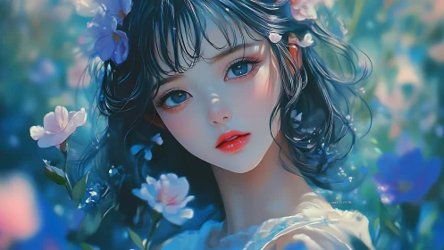 Chromatic bokeh portrait of blue‑eyed floral anime muse.