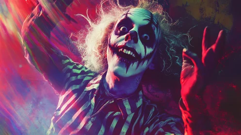 Neon horror clown portrait under vivid streaked lighting.