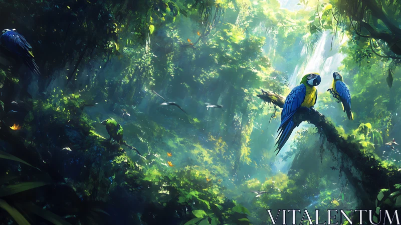 Blue and yellow macaws on mossy branch in dense rainforest.