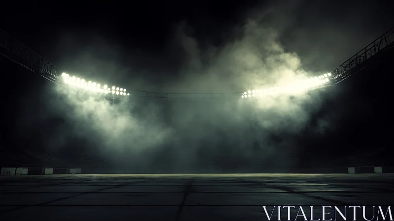 Floodlit stadium with dense fog over empty field at night.