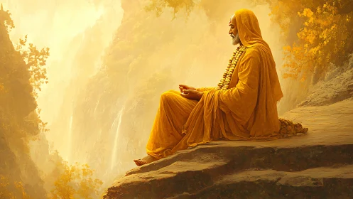 Solitary sage meditates in golden mist above quiet valley