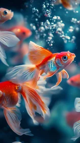 Colorful goldfish swimming among bubbles in water.