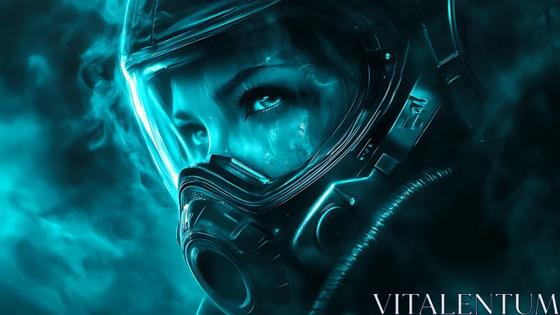 Woman in gas mask helmet framed by cyan toxic mist.