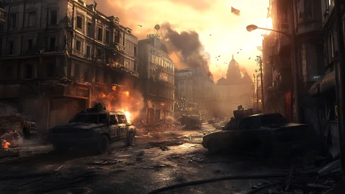 Burning city street unfolds under a haunting apocalyptic dawn