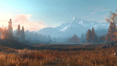 Digital painting alpine meadow under autumn sunrise haze.