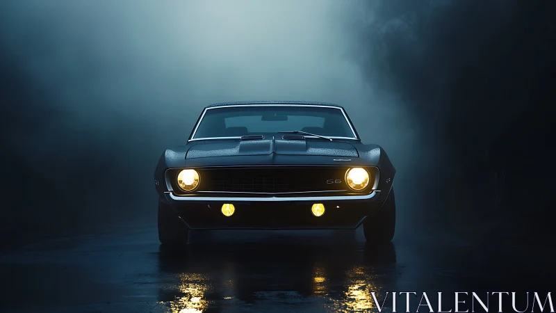 Classic muscle car faces camera on wet foggy night road