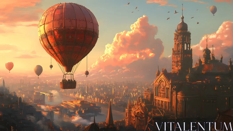 Crimson airship drifts above sunlit steampunk cityscape.