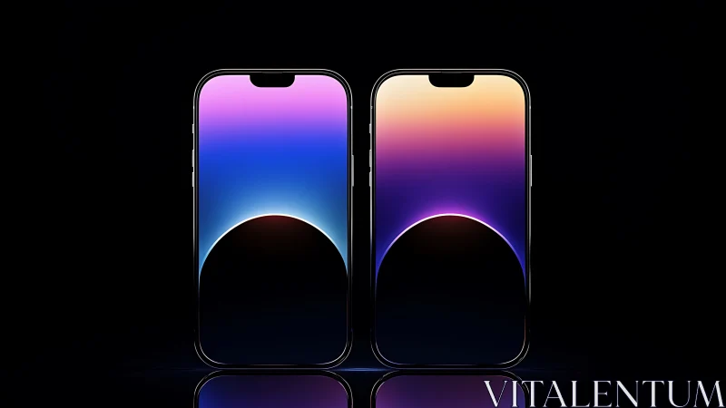 Dual smartphone display mockups with vibrant gradient wallpapers on black background