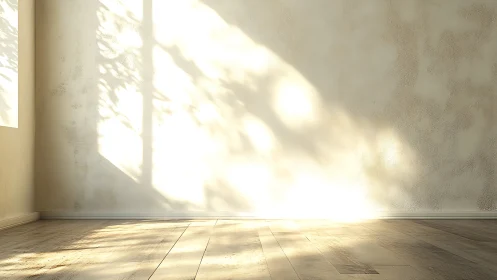 Empty interior wall with sunlight and soft tree shadows.