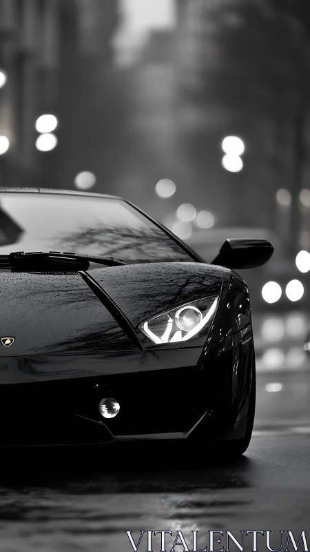 Black sports car front view on wet city street at night.