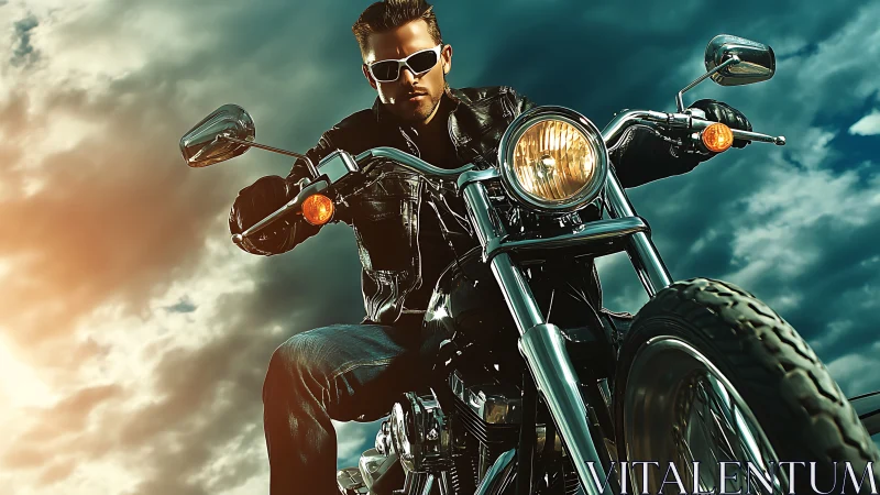 Low-angle cruiser motorcycle portrait under storm-lit sky.