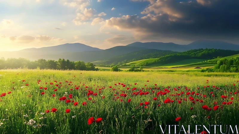 Sunlit poppy meadow under stratified stormfront sky dynamics.